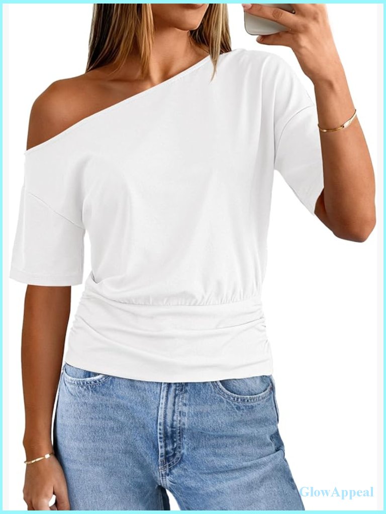 Off Shoulder Short Sleeve T-Shirt Loose Fit Cotton Blend Casual Summer Top